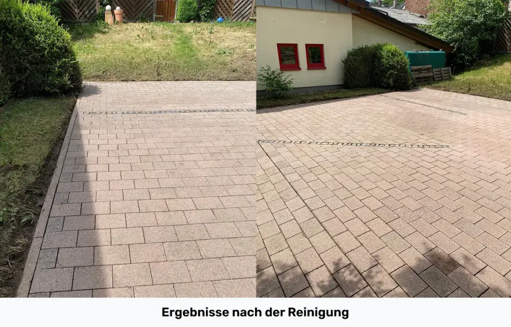 Collage zweier Bilder eines frisch gereinigten Hofs mit orangenen Pflastersteinen.