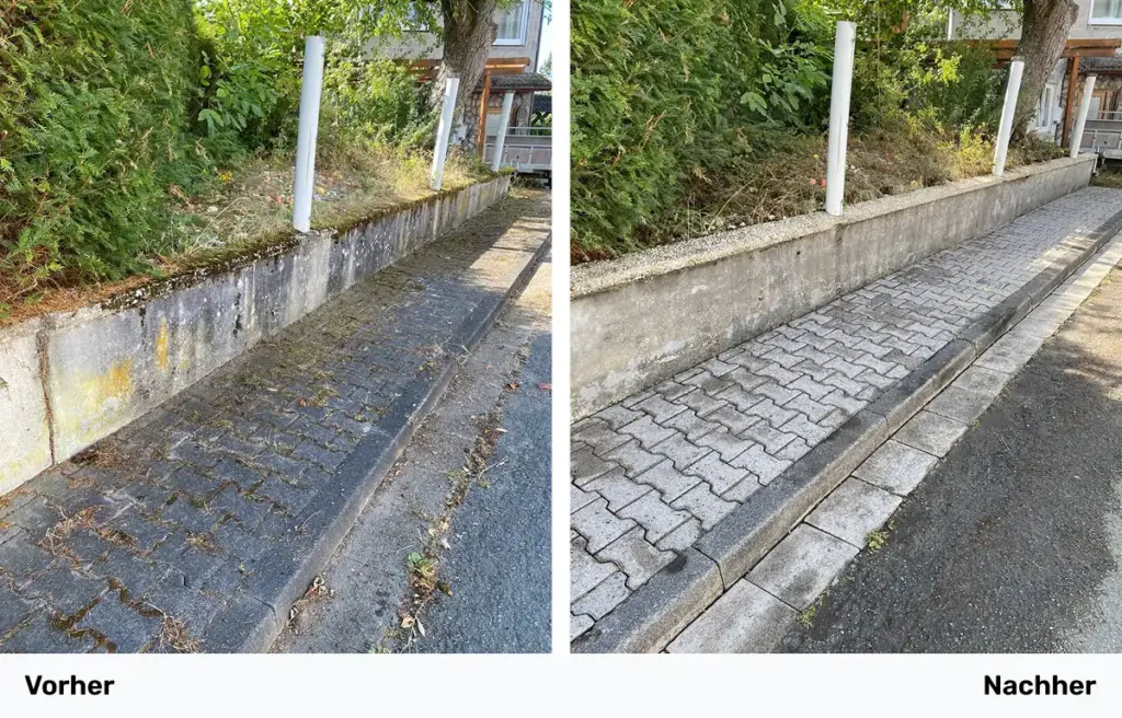 Collage zweier Bilder eines gereinigten Gehwegs mit Pflastersteinen, links vor der Reinigung und rechts nach der Reinigung.