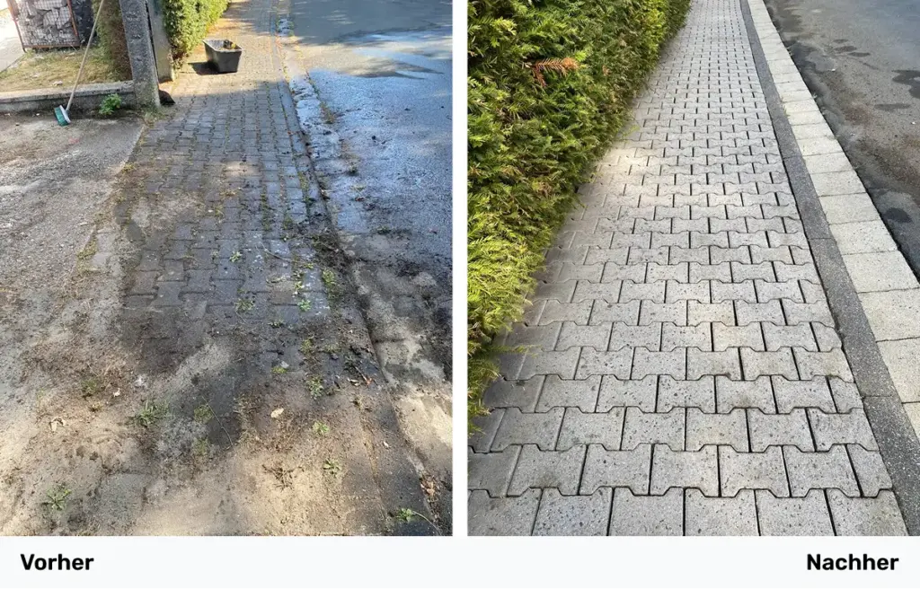 Collage zweier Bilder eines gereinigten Gehwegs mit Pflastersteinen, links vor der Reinigung und rechts nach der Reinigung.