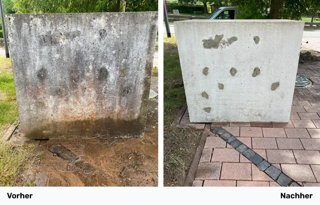 Collage zweier Bilder eines gereinigten Betonblocks, links vor der Reinigung und rechts nach der Reinigung.