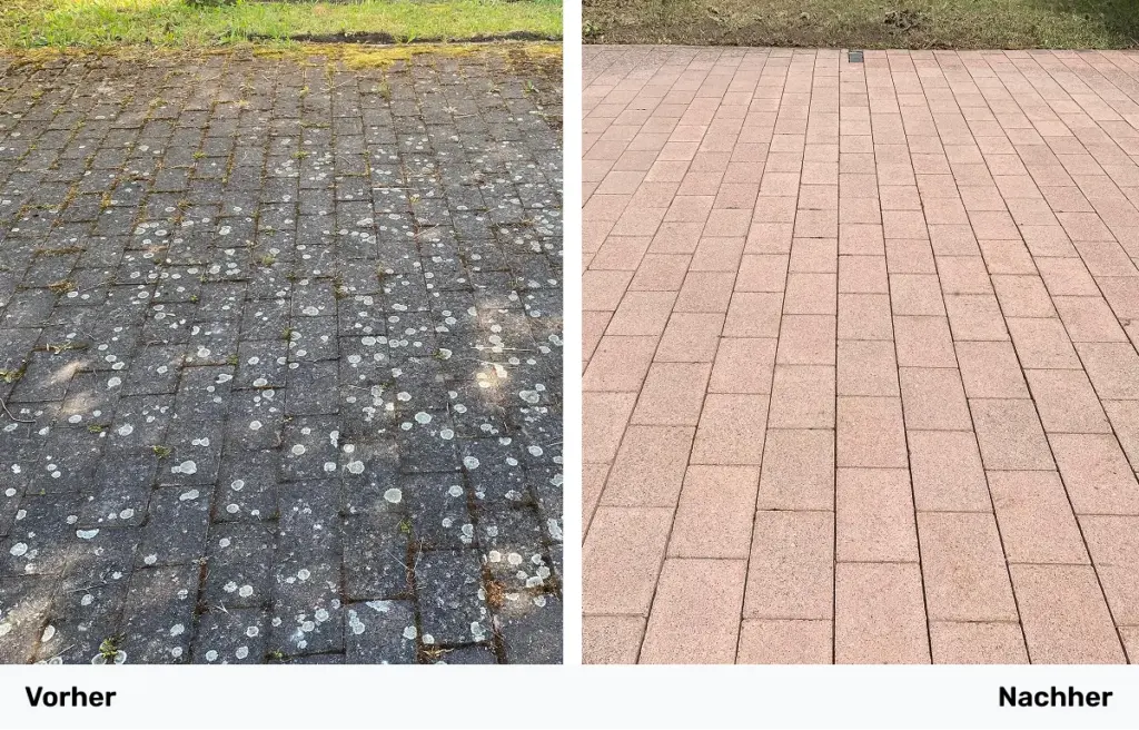 Collage zweier Bilder eines gereinigten Hofs mit Pflastersteinen, links vor der Reinigung und rechts nach der Reinigung.