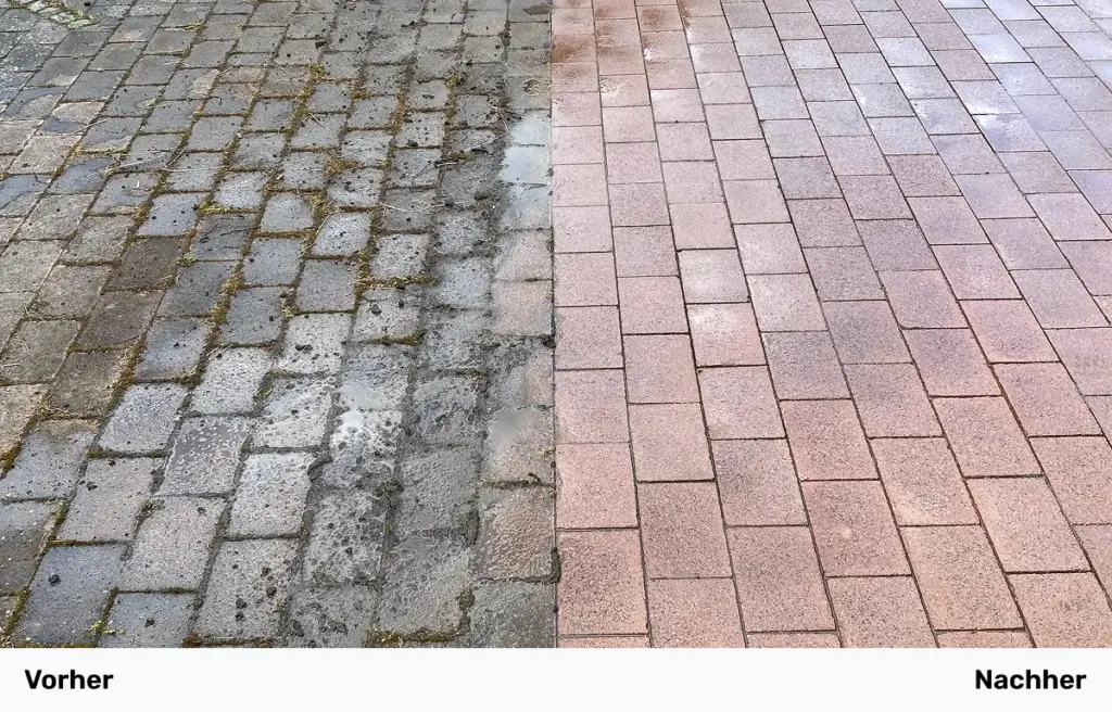 Collage zweier Bilder eines gereinigten Hofs mit Pflastersteinen, links vor der Reinigung und rechts nach der Reinigung.