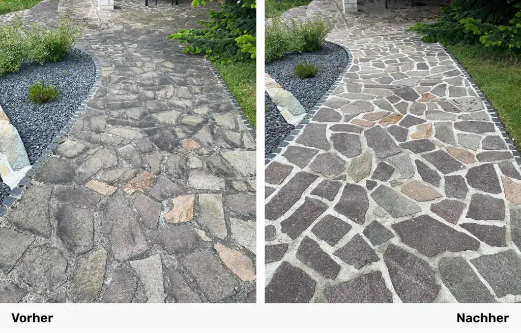 Collage zweier Bilder eines gereinigten Hofs mit Schiefersteinen, links vor der Reinigung und rechts nach der Reinigung.
